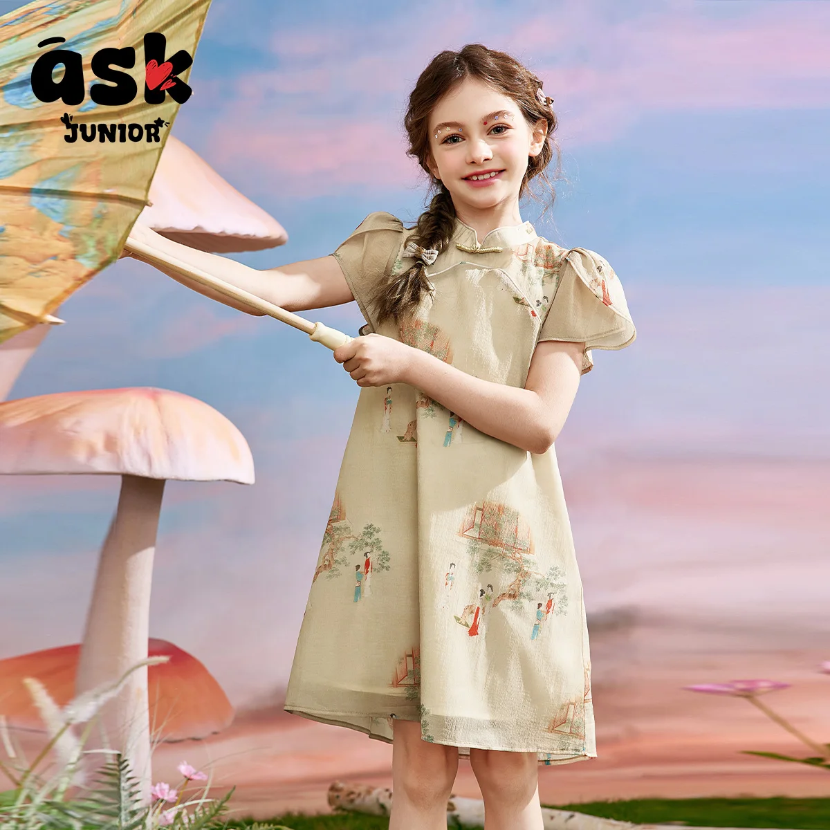 

ASK JUNIOR летняя одежда для девочек, детское повседневное марлевое платье с антикварным принтом в национальном стиле, новое китайское платье Cheongsam