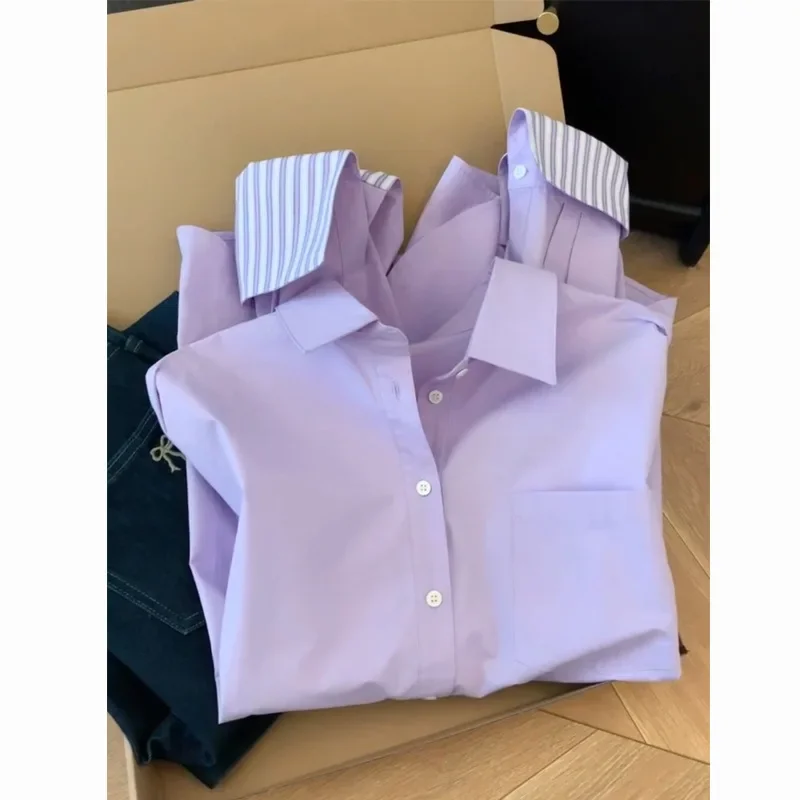 

2025 new French high-end purple shirt jacket women's morning spring temperament shirt design long-sleeved top