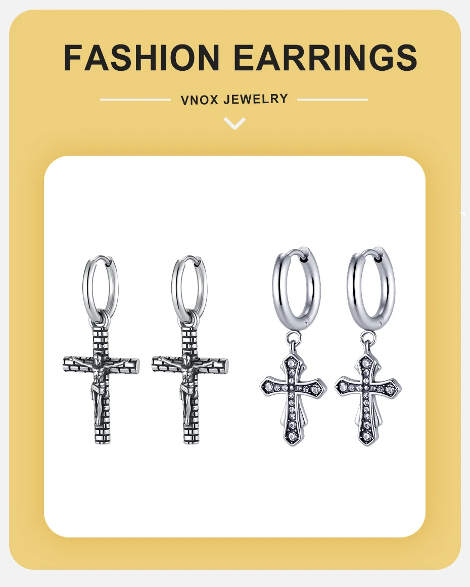 Vnox Edelstahl Jesus-Kreuz Ohrhänger für Männer und Frauen, Zirkon-Kreuz Durchziehohrringe, Gotischer Punk Glaubensschmuck für Unisex – Detail 1