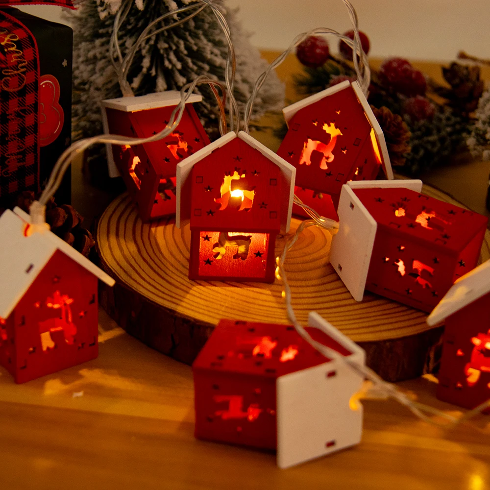 Cute Christmas Wooden House Shaped String Lights Wood House LED Fairy Lamp Xmas Tree Hanging Lights for Christmas Home Noel 2024