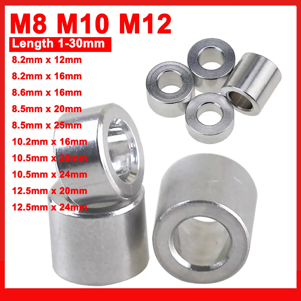 5/10pcs M8 M10 M12 Aluminum Bushing Washer Gasket Round CNC No Thread Standoff Unthreaded Hollow Collar Sleeve Spacer L=1-30mm