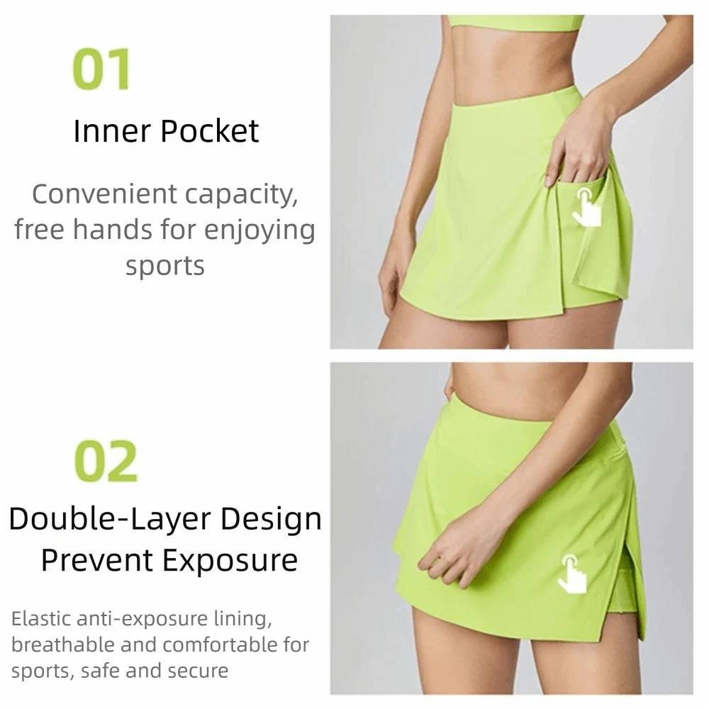 تنانير التنس النسائية الناعمة بدون خياطة قابلة للتنفس مع جيب للهاتف، تنورة جولف رياضية عالية الخصر، سريعة الجفاف، تنورة اللياقة البدنية واليوجا