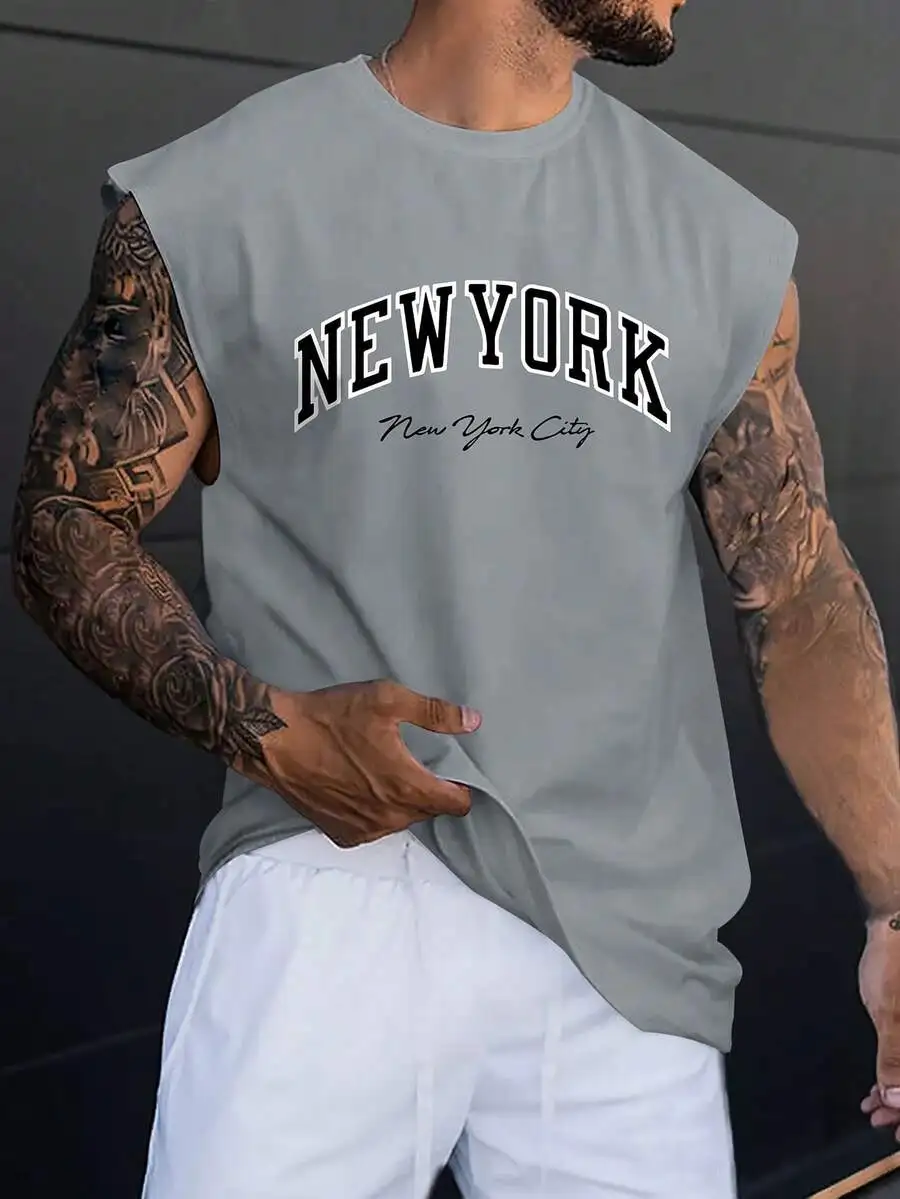 

Mens Sleeveless Tank Top With New York Letter Print Round Neck Casual Vintage Style