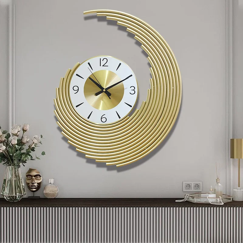 

Large Light Luxury Metal Wall Clock Golden Crescent Wall Watch Living Room Entrance Decor Mute Pointer Room Art Clock Ornament