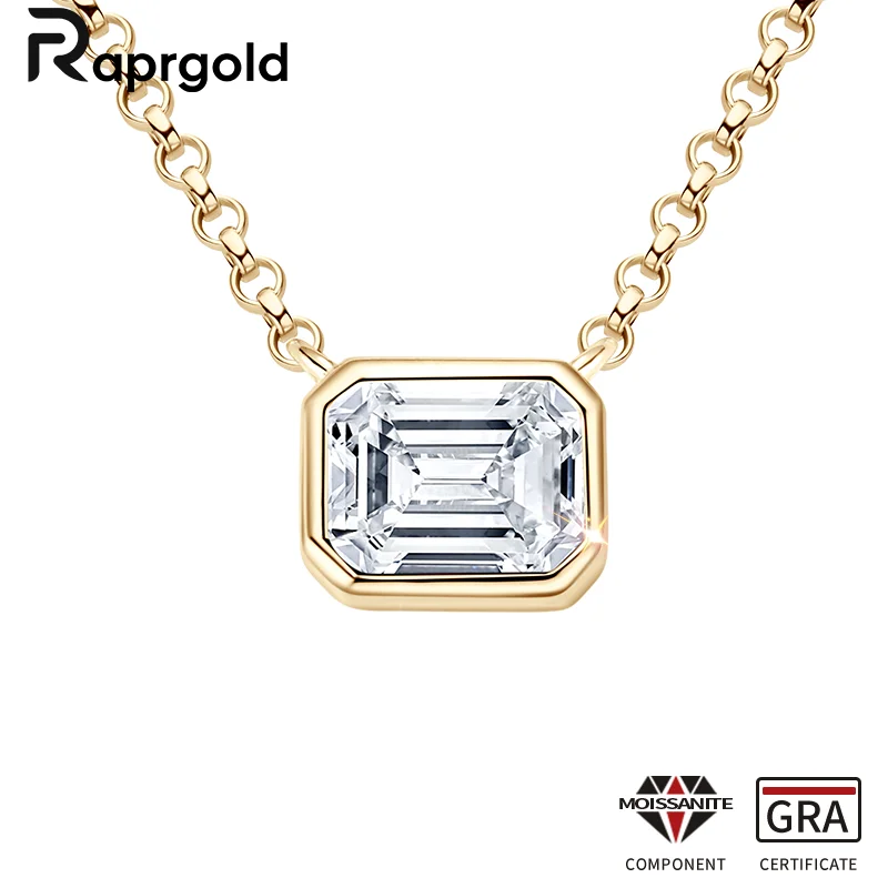 RAPRGOLD Certified Emerald Cut Moissanite Pendant Necklaces for Women 925 Sterling Silver Chains Wedding Jewelry Gifts Collares