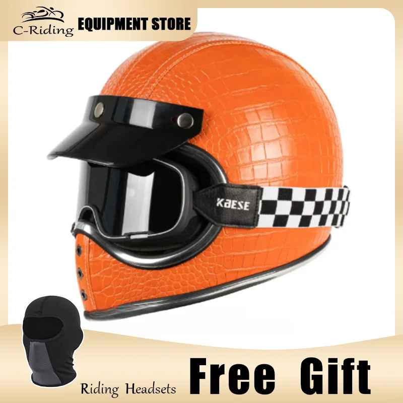 Timeless Retro Orange Full Motorcycle Helmet Faux Crocodile Skin Wrapped Helmet Fashion Retro Protective Helmet For Scooter