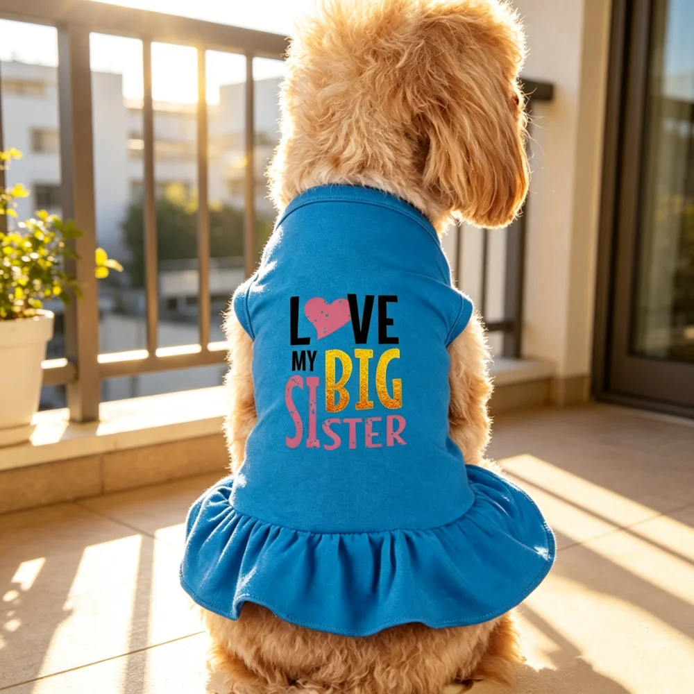 1pc Small Medium Dog Summer Dress, with Pink Heart Glitter "LOVE MY BIG SISTER" Letter Print Sleeveless Ruffle Skirt