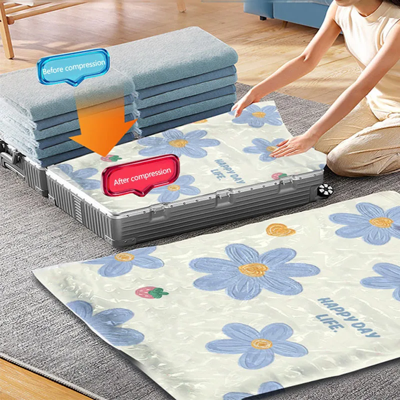 1 pc floral vacuum compression storage bag, sealed moving bag for clothes, blankets, shirts, home space saving organizers