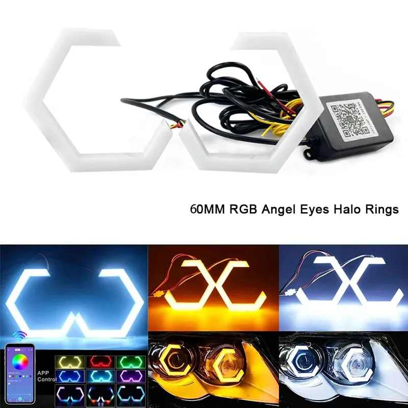 2PCS 12V/24V RGB APP Control Hexagon Angel Eyes Halo Rings Retrofit Headlight Car Motorcycle White DRL+Amber Turn Signal Light