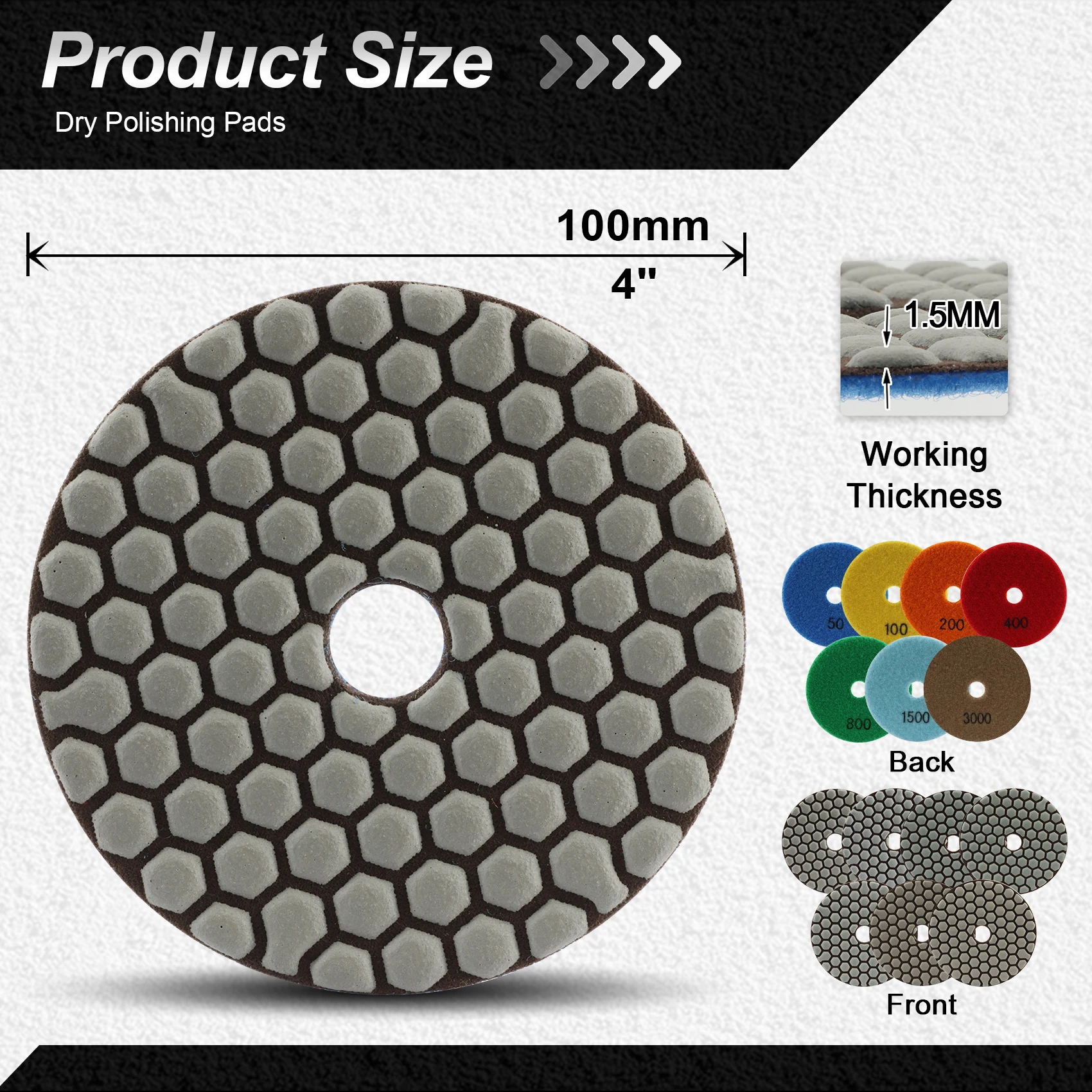 FOCSTOL Diamond Dry Polishing Pads Sanding Disc 8pcs for Granite Marble Quartz Dia 100mm Disc Flexible Resin Sanding Disc
