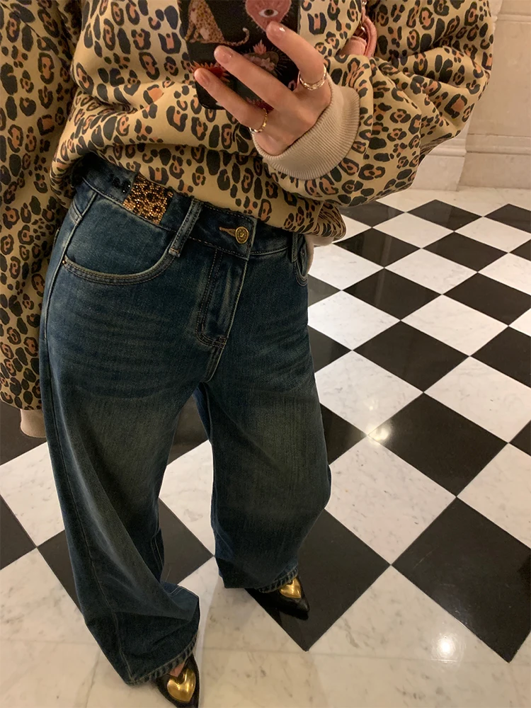 

Winter Faion High Waist Fce Lined Wide Leg Jeans Women's Small Size Embroidered Denim Trousers Casual Sle Long Pants