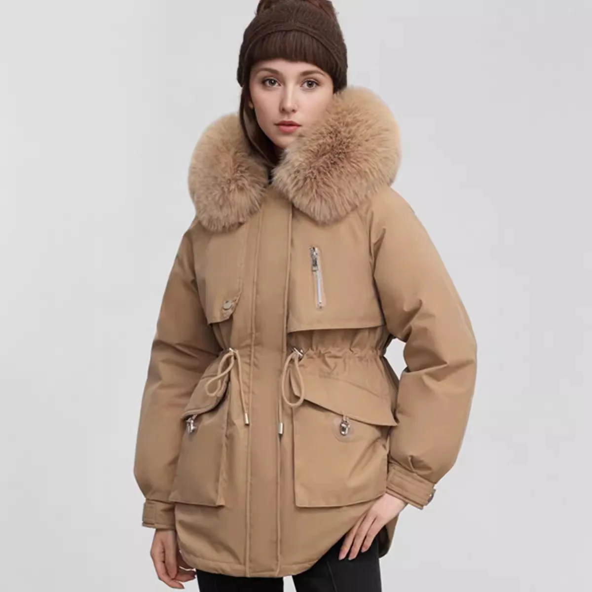 Women\'s Parkas 2024 Winter Women\'s Cotton Jacket Fur Collar Warm Hooded Coats Female Waist Drawstring Slimming Winter Coat