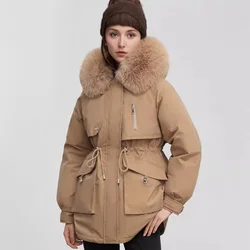 Women's Parkas 2024 Winter Women's Cotton Jacket Fur Collar Warm Hooded Coats Female Waist Drawstring Slimming Winter Coat