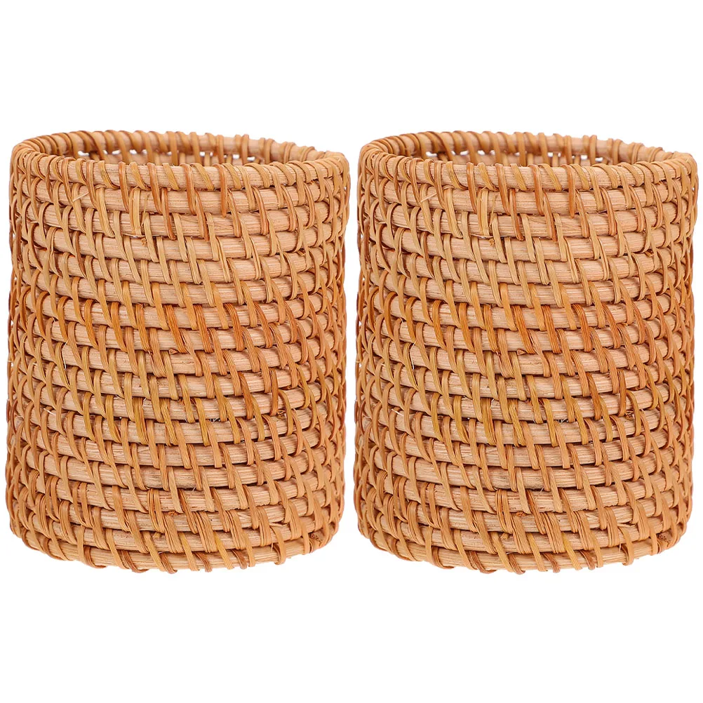 

2 Pcs Rattan Pen Holder Storage Box Desk Accessories Makeup Brush Organizer Stationery Container Natural Style