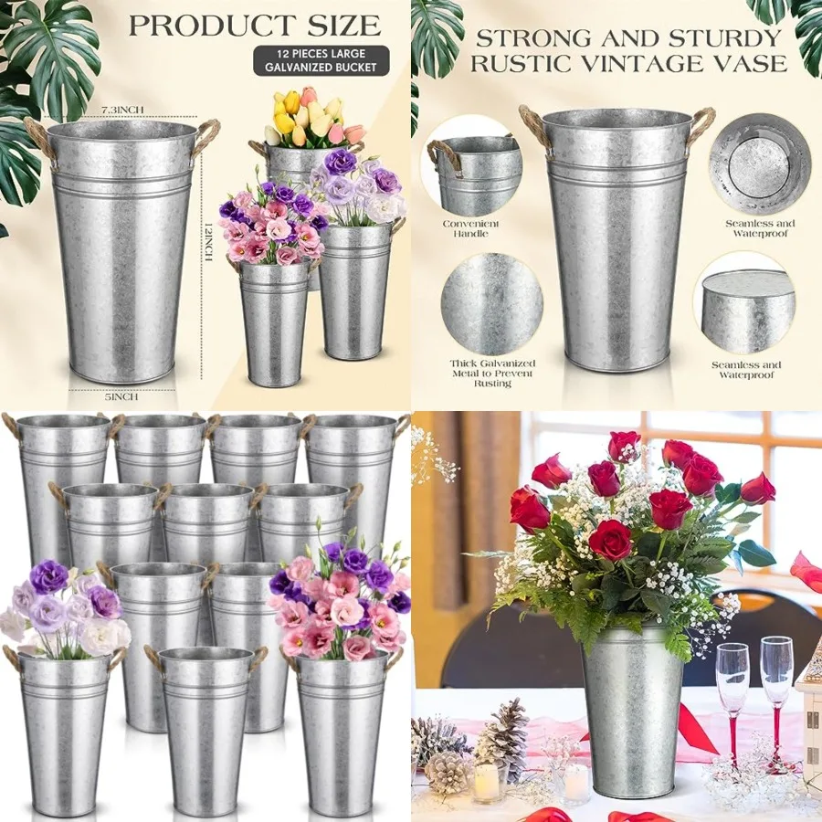 

12 Pcs 12 Inch Flower Buckets Bulk Wedding Bar Supplies Galvanized Large Farmhouse Metal Vase for Cut Flower with Handle Plante