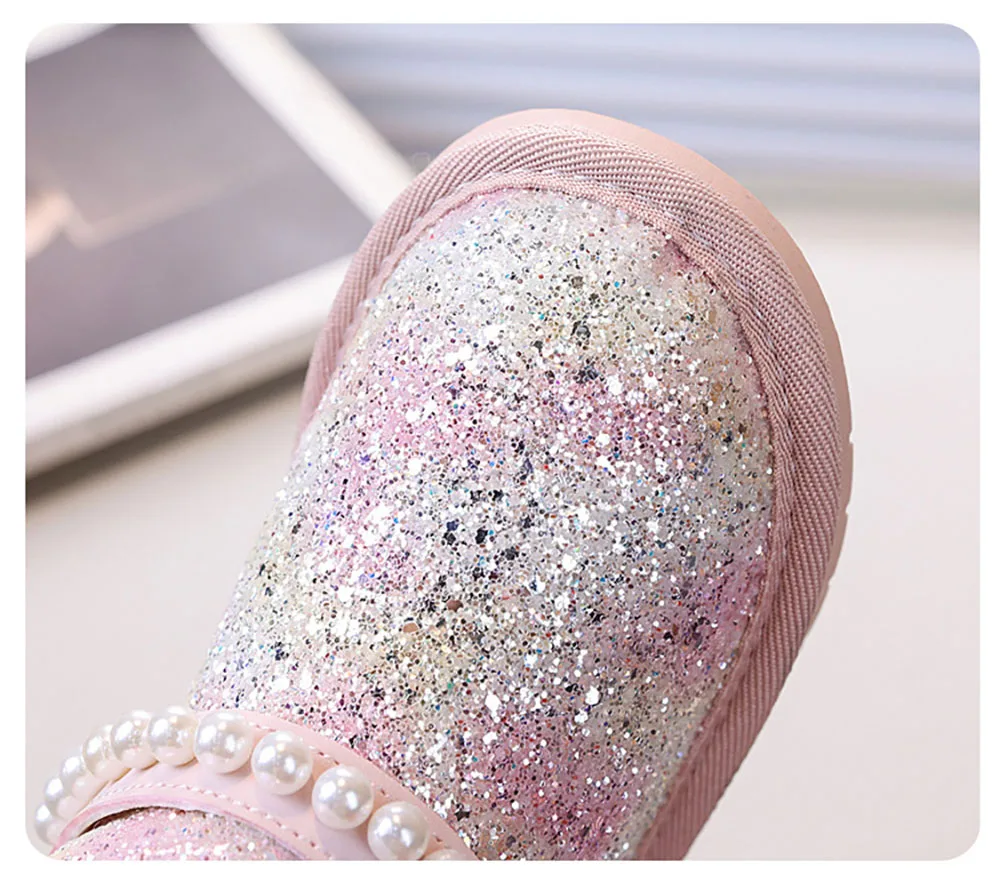 Winter Princess Plush Boots For Girls PU Leather Thick Warm Faux Fur Boots Pearl Sequins Glitter Cotton Shoes For Teenager