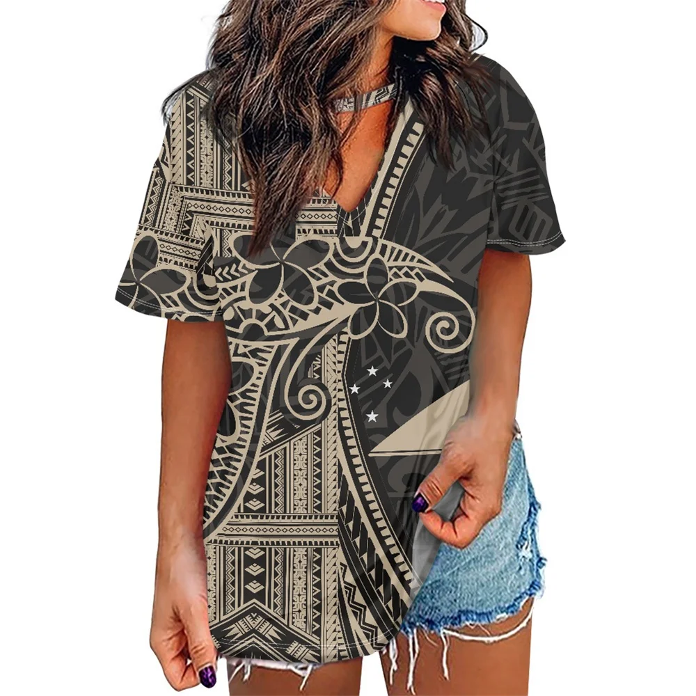 Summer Loose Casual Women T-shirt 2023 Polynesian Tribal Clothing Samoa Tokelau Islander Print T Shirt V-neck Blouse Top