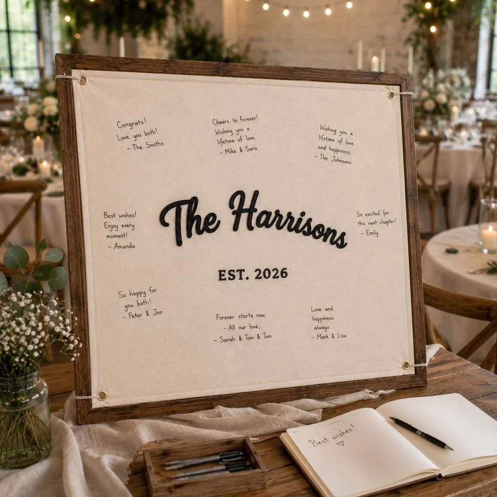 Personalized Wedding Guest Book Canvas Banner, Custom Embroidered Last Name Signature Fabric Sign, Wooden Frame Not Included