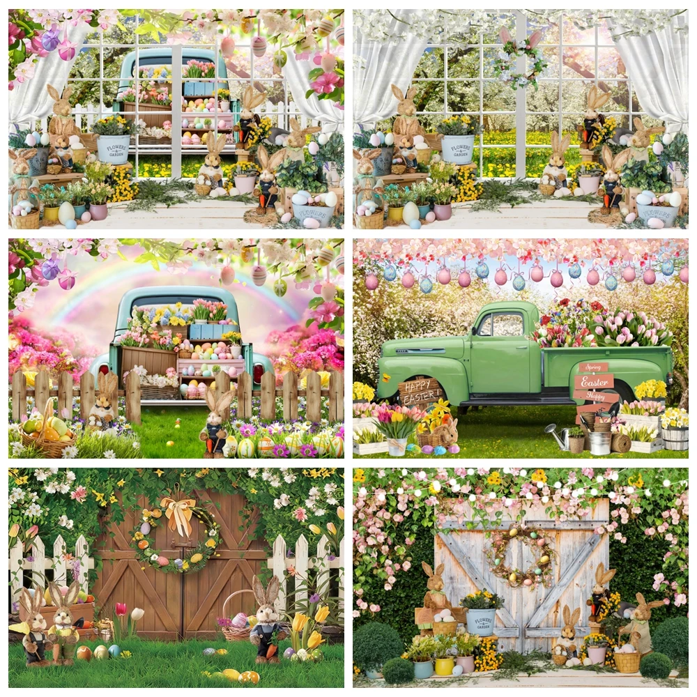 

Spring Easter Photography Backdrop Wood Board Green Grass Rabbit Bunny Eggs Kids Party Decorations Background Photozone Supplies