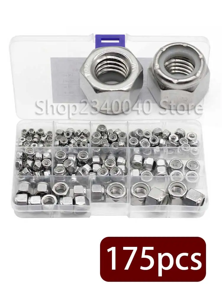 175pcs 304 Stainless Steel Nylon Insert Lock Nut Assortment Kit 4# 6# 8-32 10-24 10-32 1/4