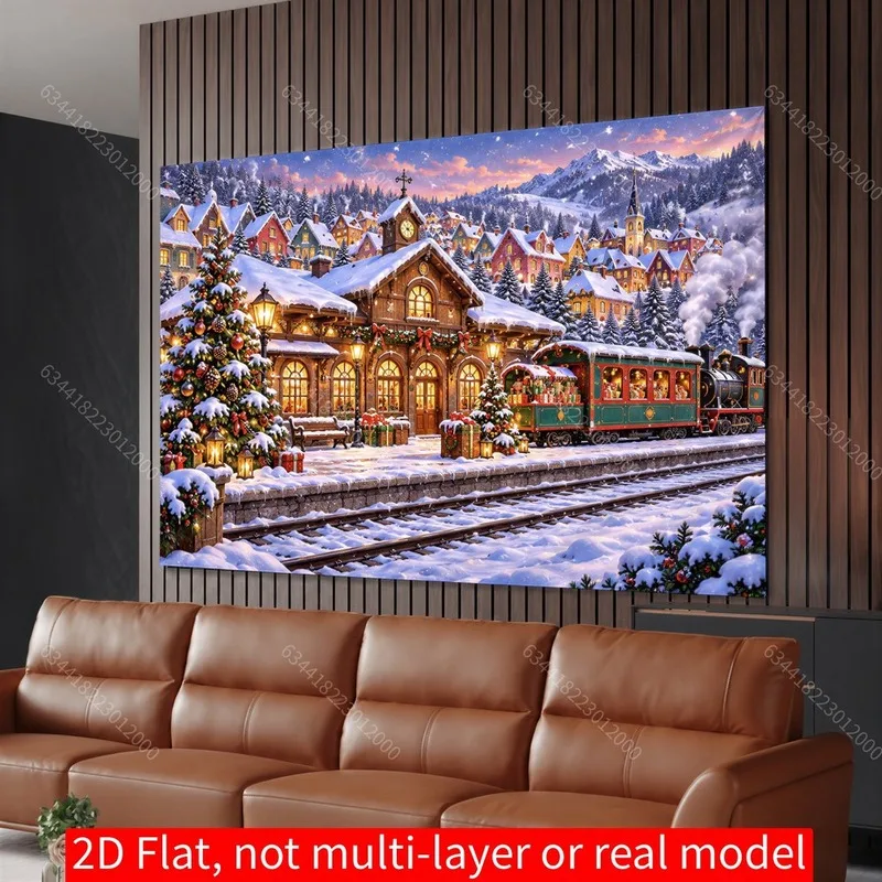 VIKAMA Christmas Village Tapestry, Snowy Train Station with Lights, Xmas Wall Hanging for Living Room Party Decor