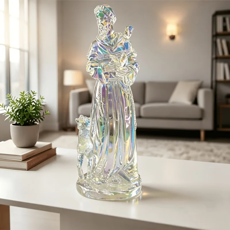 Iridescent Transparent St Francis of Assisi Statue, Rainbow Shine Saint Francis With Animals Resin Figurine, Catholic Religious