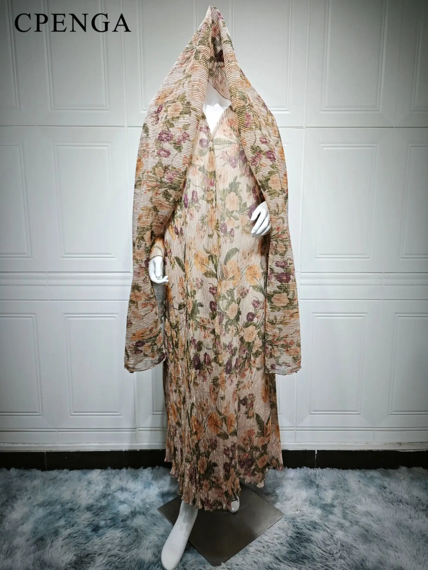 Abito Abaya Dubai stampato a pieghe Ramadan con Hijab Cardigan da donna musulmana in due pezzi Abito da vacanza islamico Caftano turco