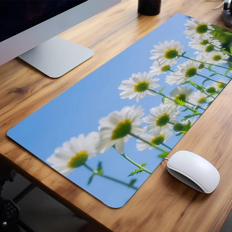 White Daisies Mouse Pad Floral Sky Keyboard Mat Desk Accessories for Office Natural Rubber Stitched Edge Perfect Gift for Girl