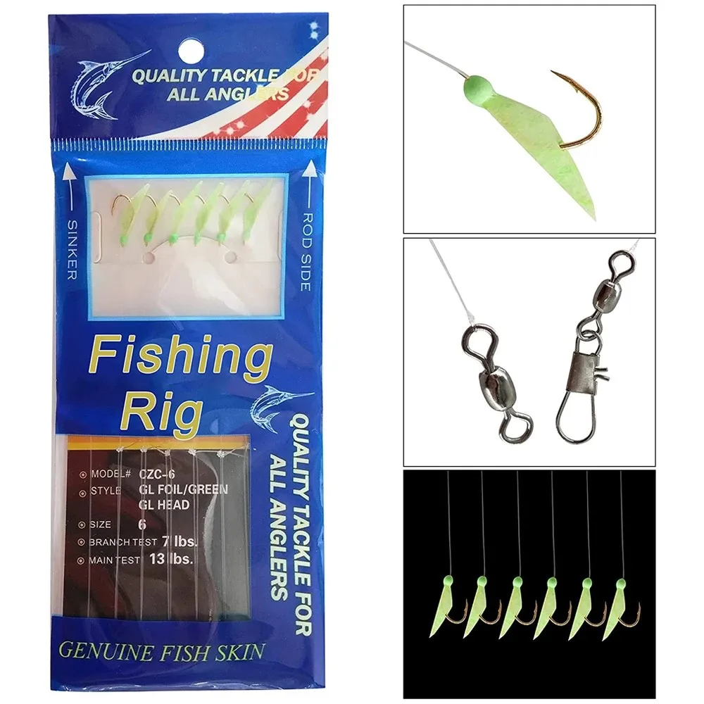 3Pcs Fishing Rigs Fishing Lures Bait Rigs Luminous Fishing Rigs Freshwater Saltwater Real Fish Skin Rigs with Hooks Swivels