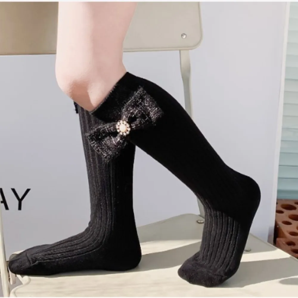 Girls socks pearl big bowknot sweet princess calf sock kids baby knee high stocking combed cotton sokken toddler infant