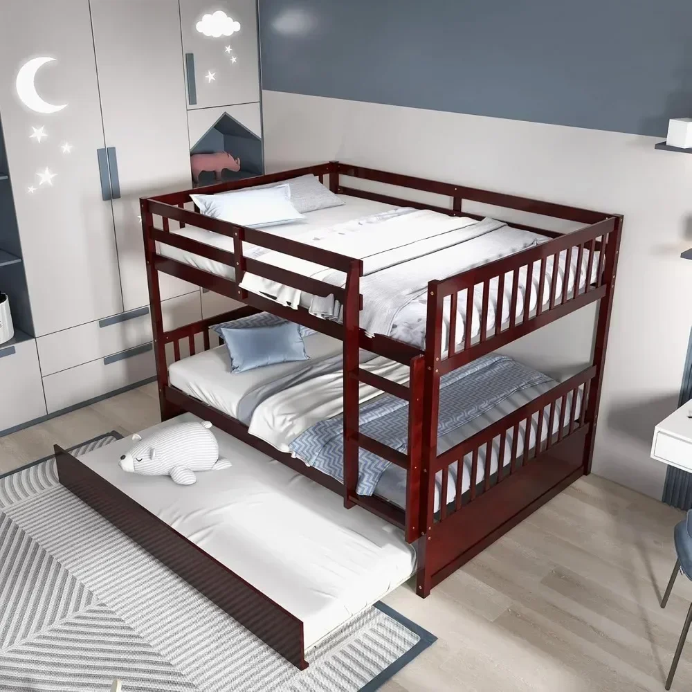 Full Over Full Bunk Bed with Trundle, Solid Wood Convertible to Beds, for Kids Teens Adults, No Box Spring Needed