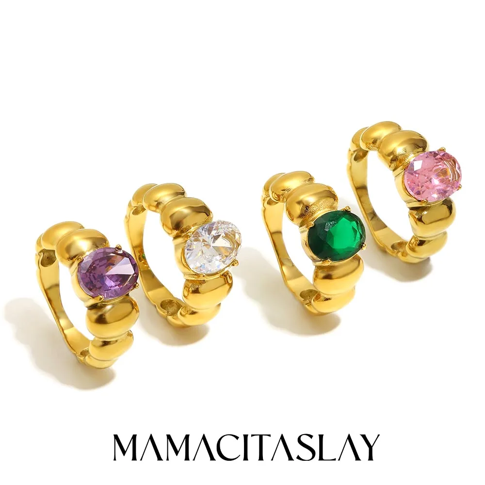 MamacitaSlay Einfache runde Perlen, ovale, klare, farbige Strassringe, wasserdichter Edelstahl, Schmuck für den täglichen Gebrauch für Frauen