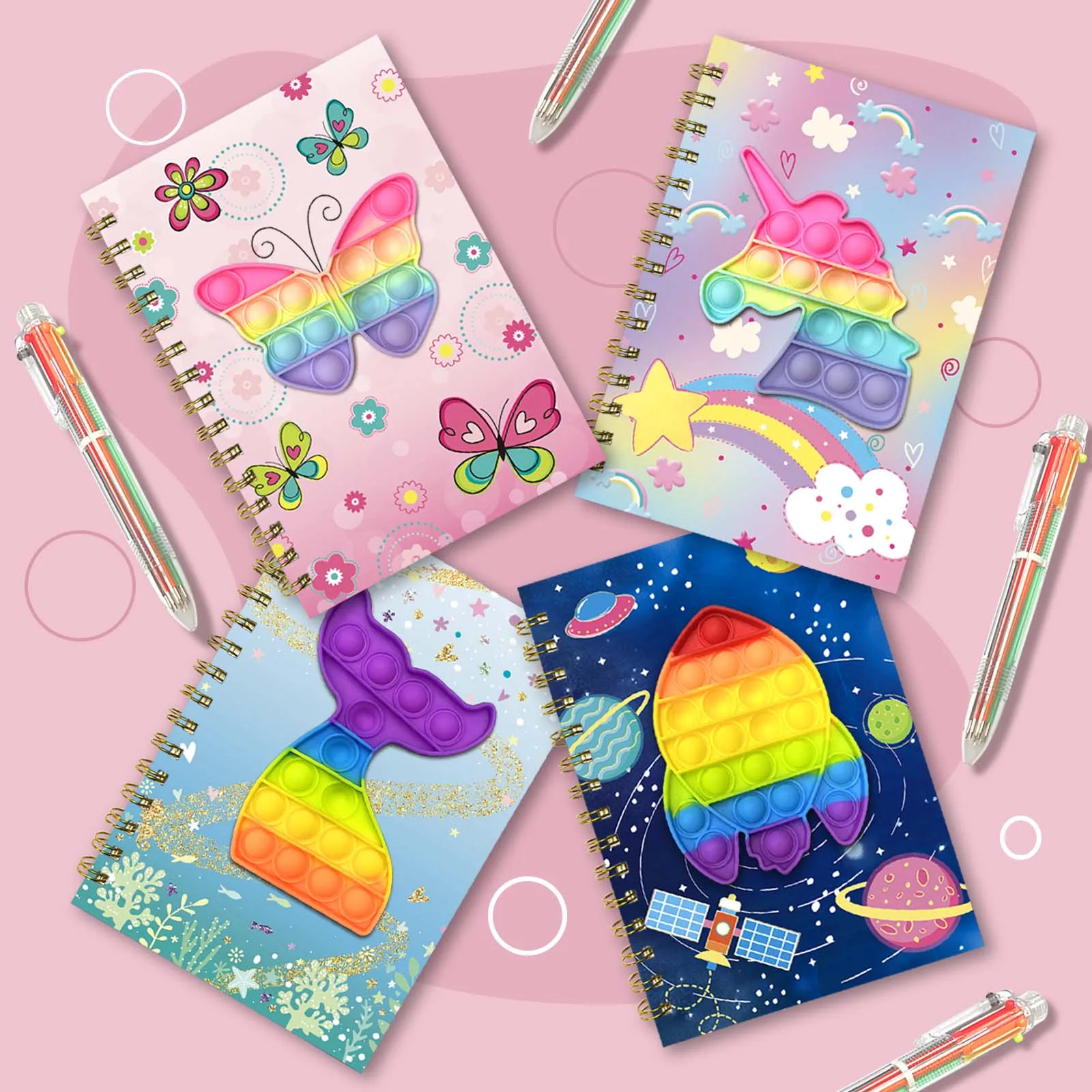 Pop Notebook for Kids, A5 Fidget Girls Diary Journal with 6 Multicolor Pen, Spiral Journal Writing Drawing Gifts Stuff Age 6 8 1