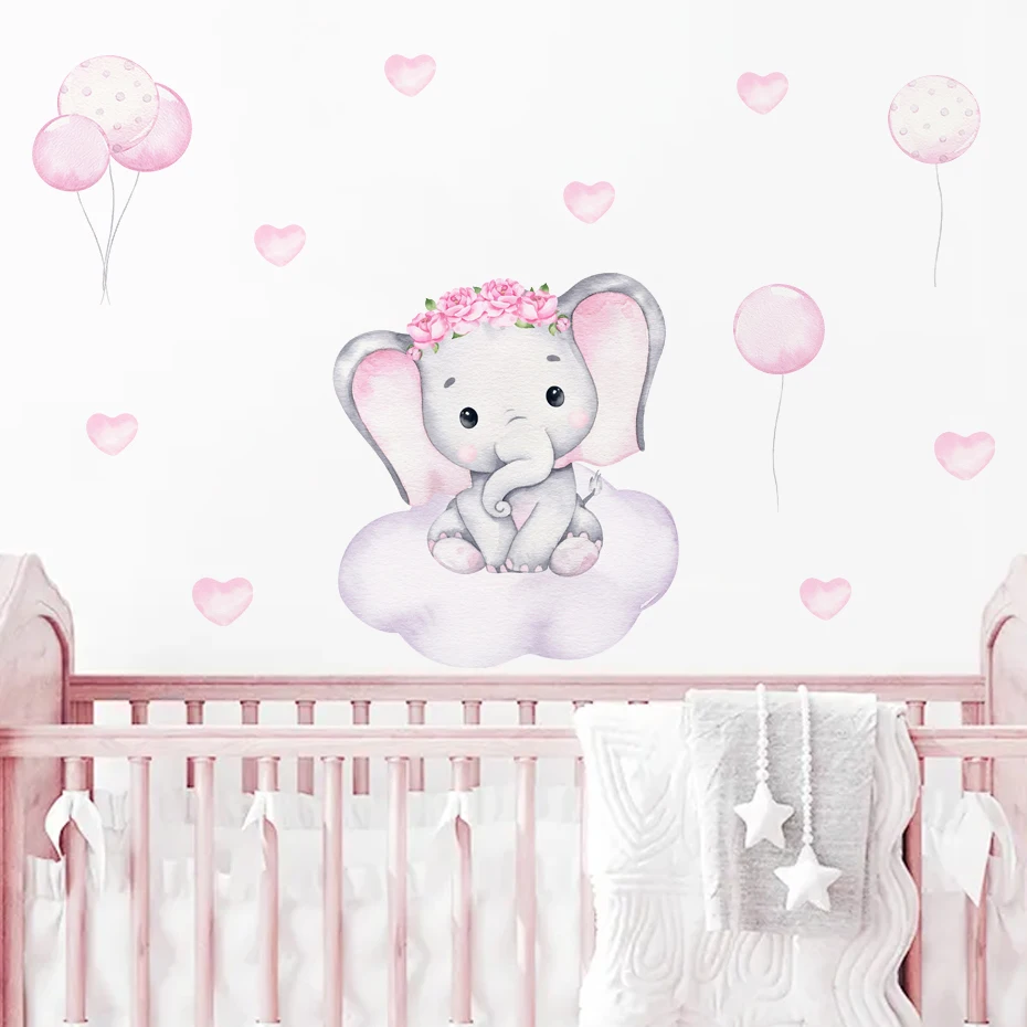 Watercolor Pink Elephant Cloud Wall Stickers for Kids Room Baby Nursery Room Decoration Wall Decals Boy and Girls Gifts PVC