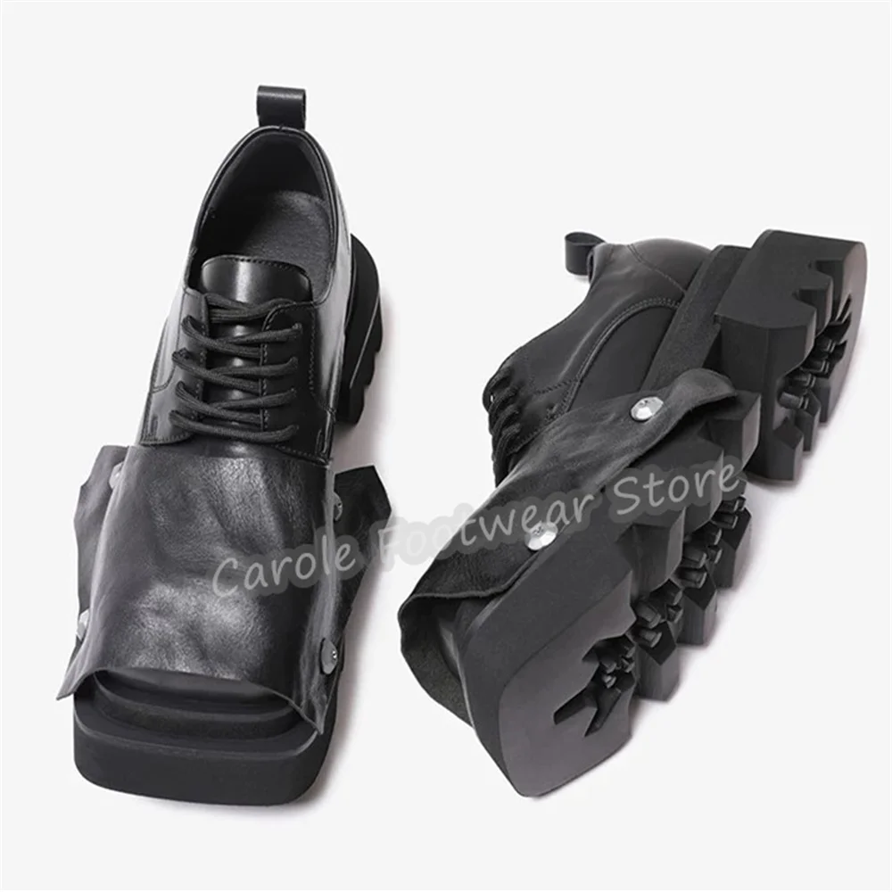 Fashion Square Toe Chunky Bottom Derby Shoes for Men Rivet Decor Lace-Up High Increasing Lace-Up Loafers Male Western Oxfords view 4