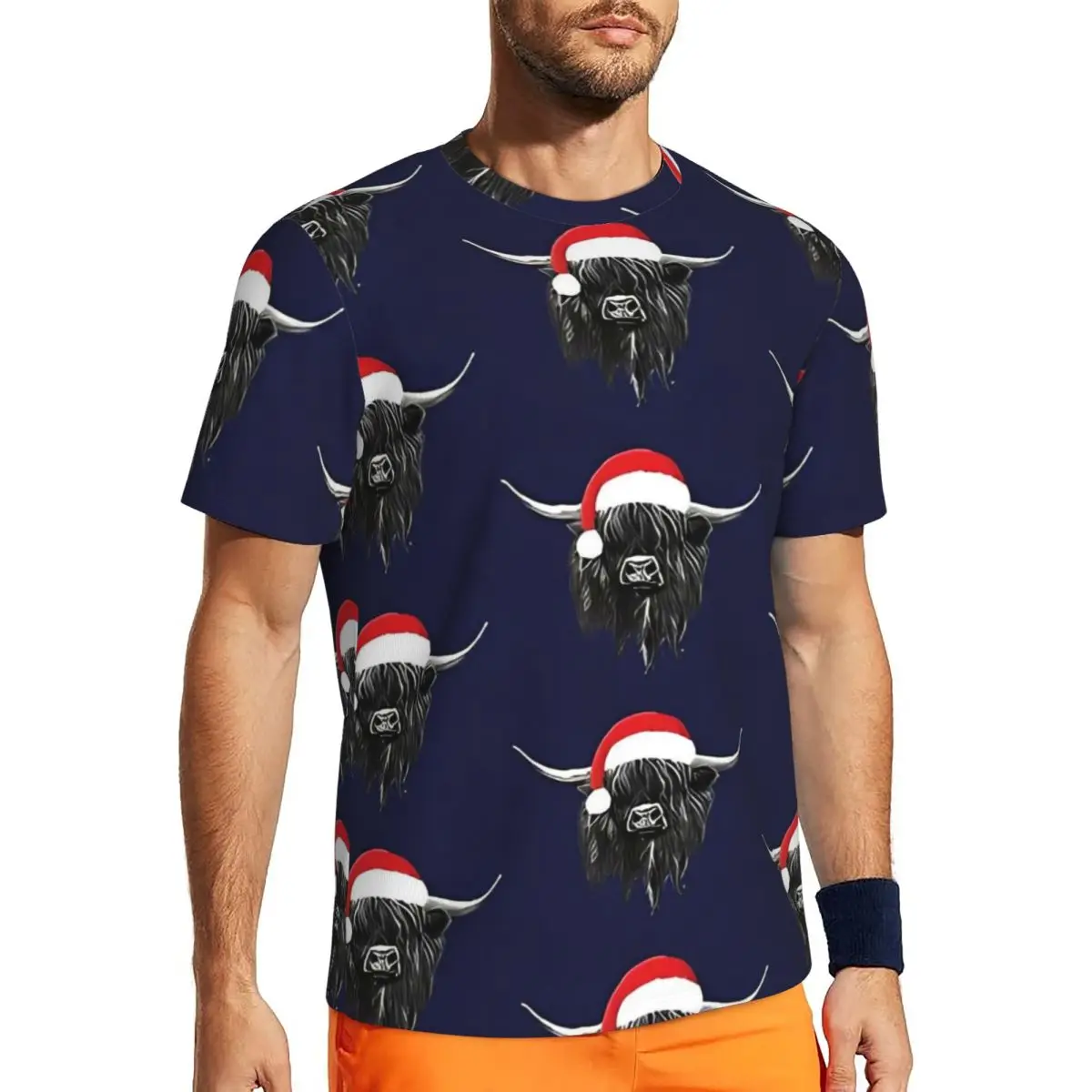 

Scottish Highland Cow Christmas Santa Hat Running T Shirt Fashion T Shirts Male Funny Tshirt Summer Short Sleeve Design Top Tees