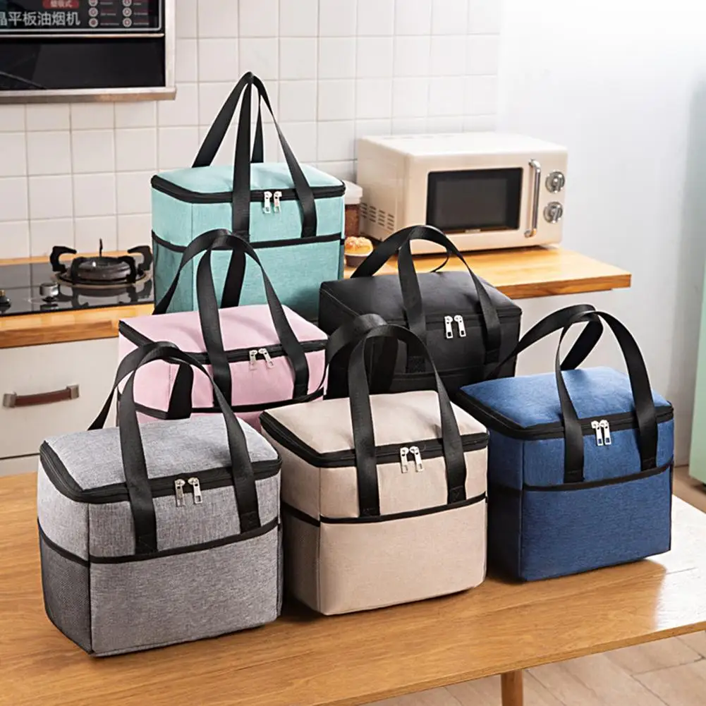 Practical Cooler Thermal Bag Solid Color Lunch Box Bag Waterproof Front Insert Pocket Insulation Bag  Cold-storaging