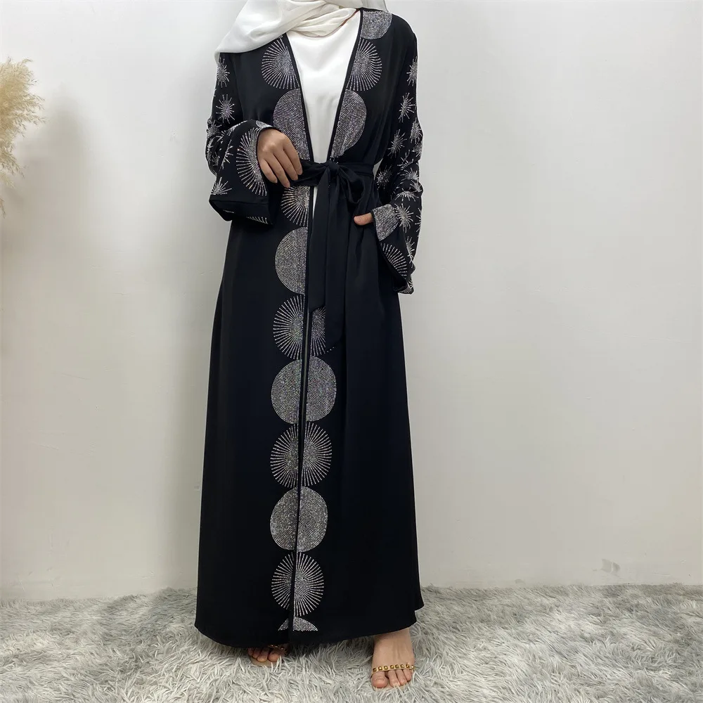 New Ramadan Rhinestone Cardigan Islamic Dresses With Pockets Kebaya Muslim Fireworks Kimono Abaya Dubai Modest Clothing Women