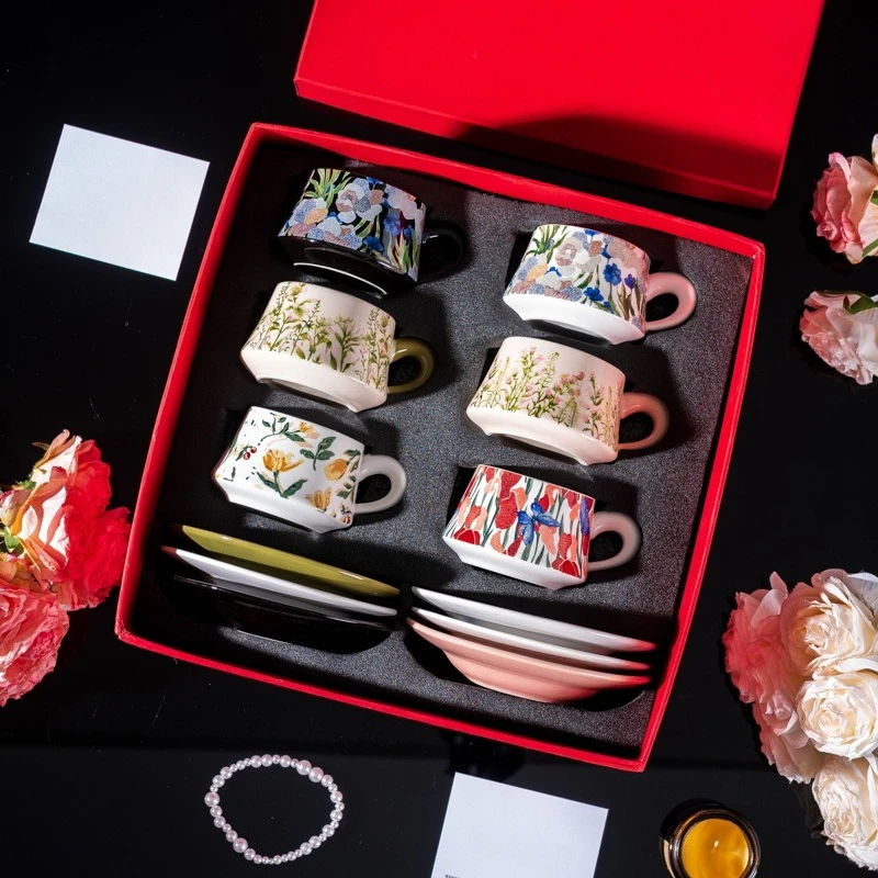 Light Luxury Iris Ceramic Coffee Cup Saucer Set Exquisite Gift Box Wedding Favors High Appearance Water Mug For Home