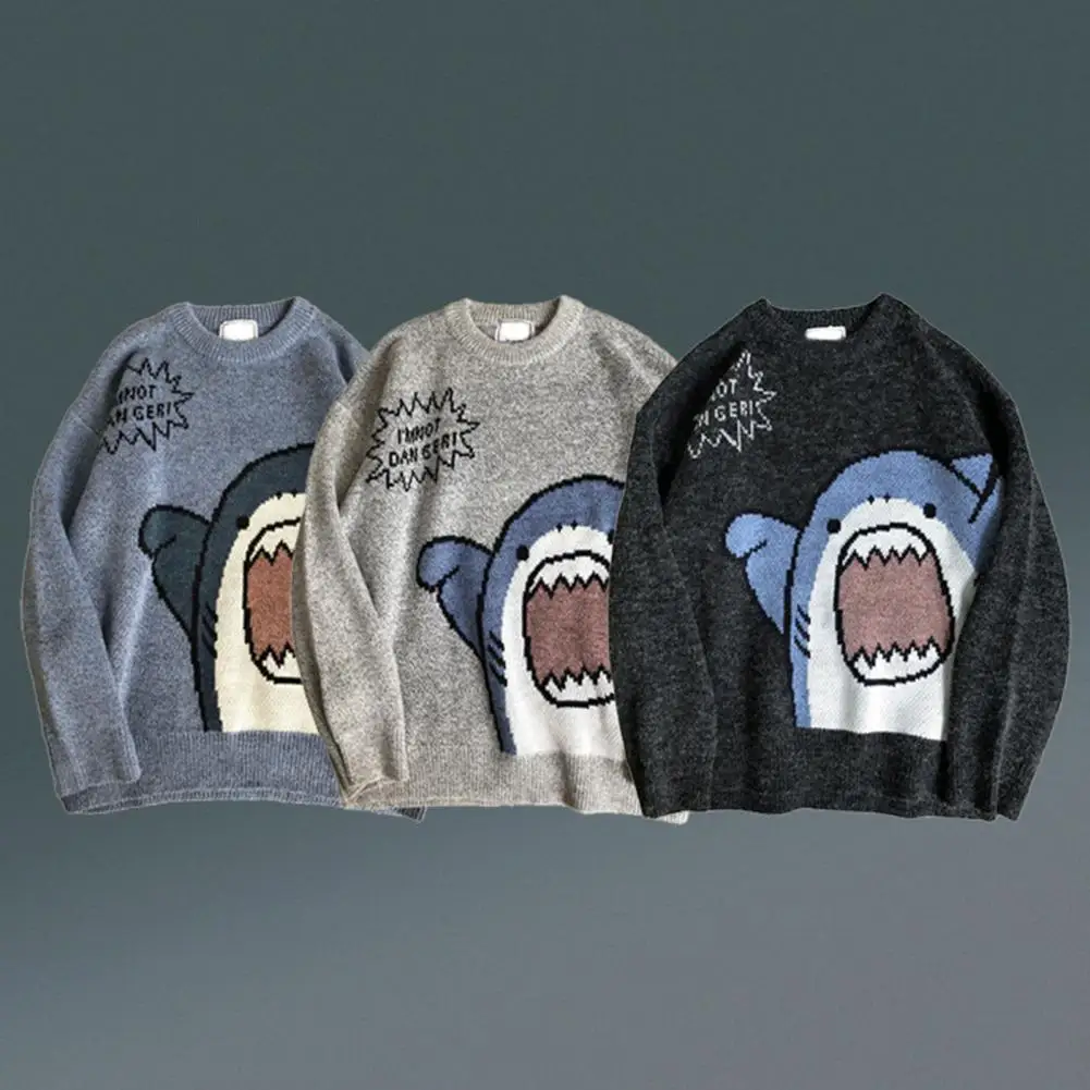 Trendy Men Sweater Warm Sweater Cartoon Elastic Winter Sweater  Shark Print