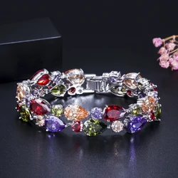 ThreeGraces High Quality Multicolor Cubic Zirconia Silver Color Large Wide Bracelet for Bride Luxury Wedding Party Jewelry BR195