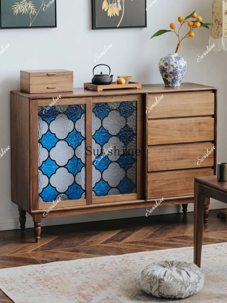 

Glazed side cabinet integrated against the wall, black walnut retro living room locker FT