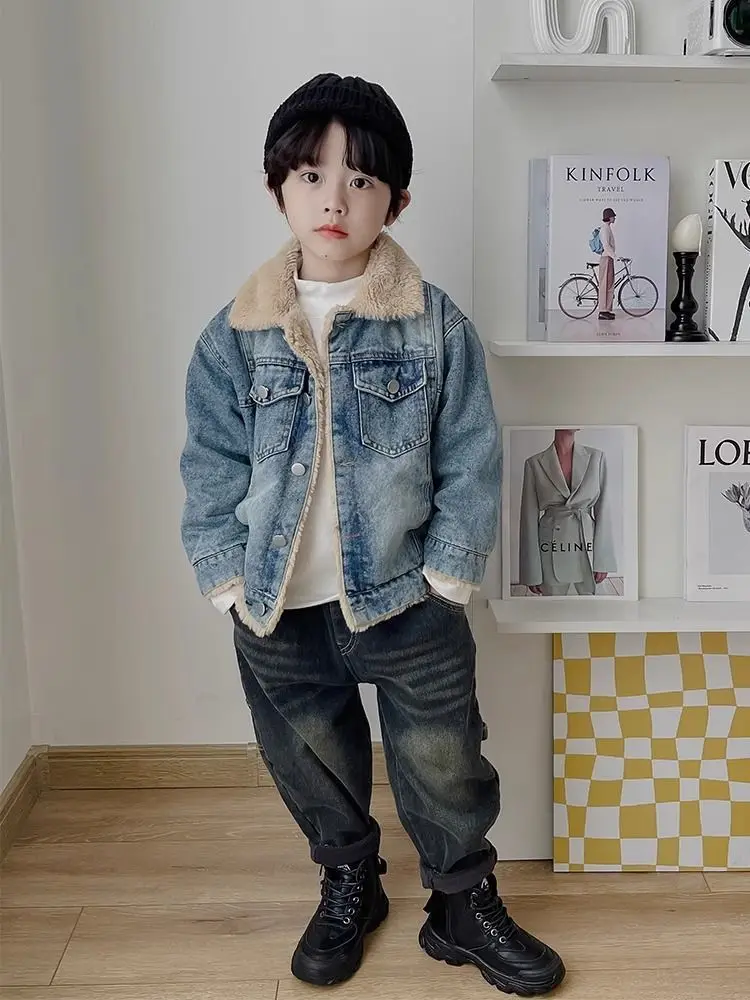 

Новая теплая и плотная вельветовая куртка для мальчиков 110-160 см, осенне-зимняя детская джинсовая куртка