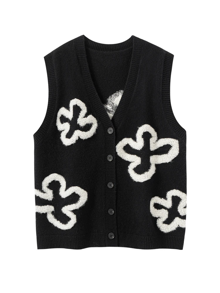 MEETCC Mulheres 100% Cashmere Floral Bordado Sem Mangas Pulôver V Pescoço Outono Inverno Camisola de Cachemira Colete Colete Macio