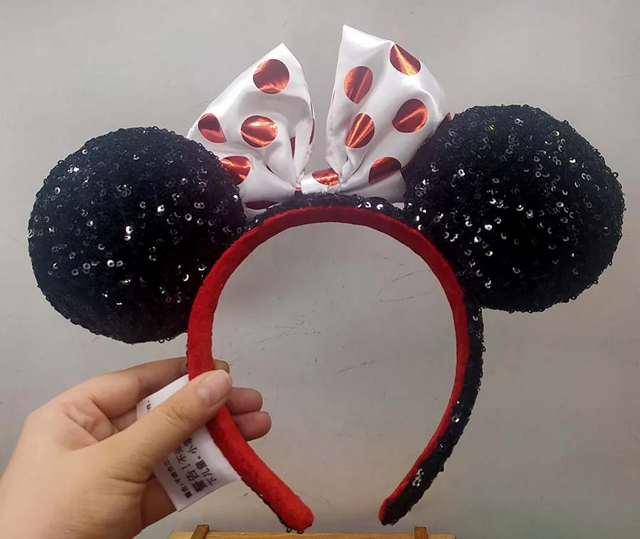 Disney Parks Minnie Mouse Classic White Bow Black Ears Sequin Headband