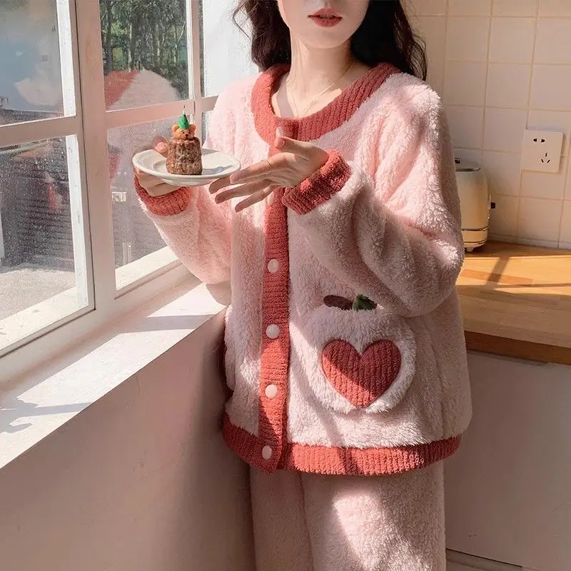 

cardigan Women's pajamas coral fleece autumn winter fleece-lined thicken two-piece set sweet cute flannel new model homewear