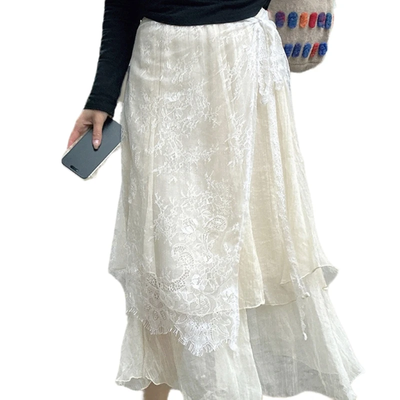 Korean Style See Through Eyelash Lace Long Skirt for Women Tie Up Flower Pattern Sheer Mesh Hip Covering Skirt Dropship