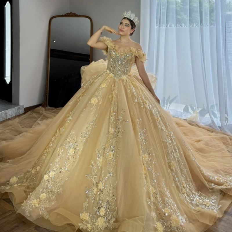 

Yellow Quinceanera Dresses Ball Gown Off The Shoulder Applique Flower Beads Tull Corset Party Birthday Sweet 16 Dress Vestidos