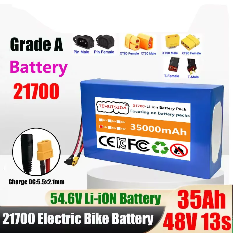 48V 35Ah 13s7p 21700 Lithium Battery Pack 54.6v 800w 1000w 1200w 1440w Built in BMS 30A Circuit Protection