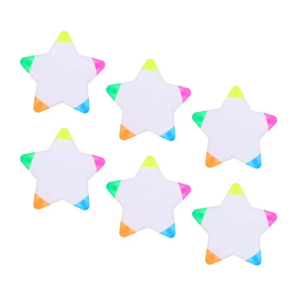 6Pcs Creative Star Shape Highlighter Set Five Color Fluorescent Markers Bright Colors Compact Pocket Friendly for Studying